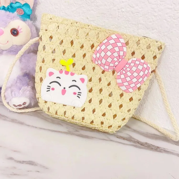 Kid'S Straw Cat Bow Knot Cute Square Zipper Shoulder Bag display picture 3