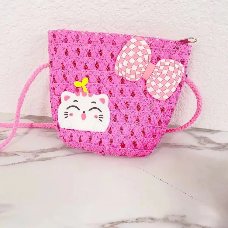 Kid'S Straw Cat Bow Knot Cute Square Zipper Shoulder Bag display picture 4
