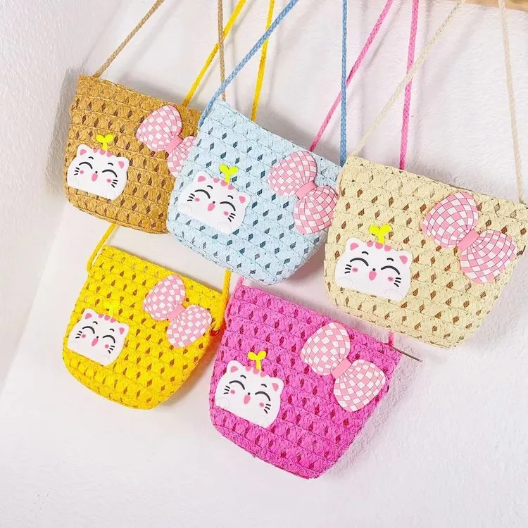 Kid'S Straw Cat Bow Knot Cute Square Zipper Shoulder Bag display picture 9