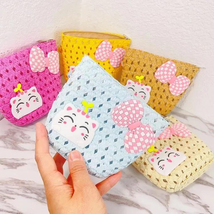 Kid'S Straw Cat Bow Knot Cute Square Zipper Shoulder Bag display picture 8