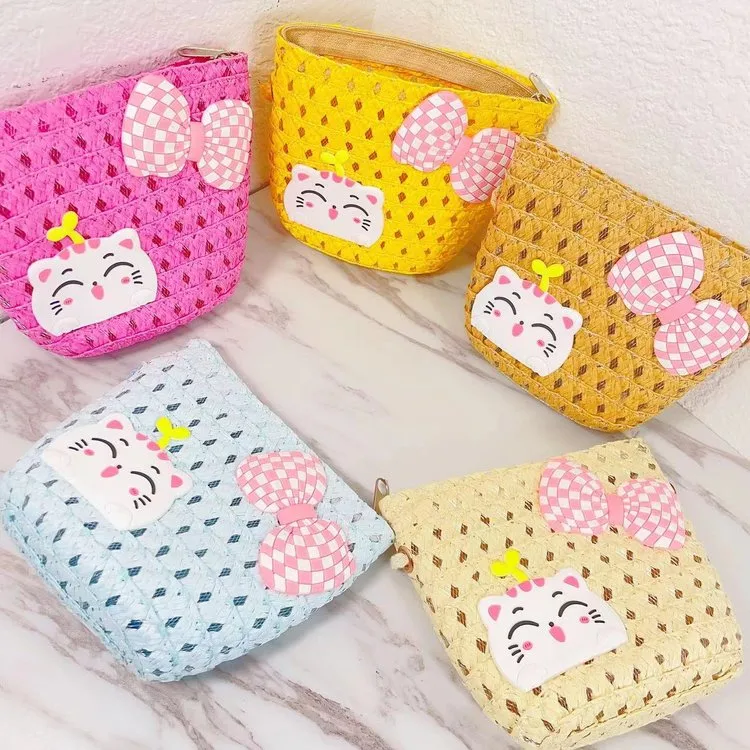 Kid'S Straw Cat Bow Knot Cute Square Zipper Shoulder Bag display picture 11