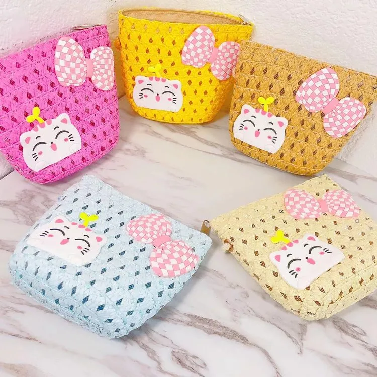 Kid'S Straw Cat Bow Knot Cute Square Zipper Shoulder Bag display picture 10