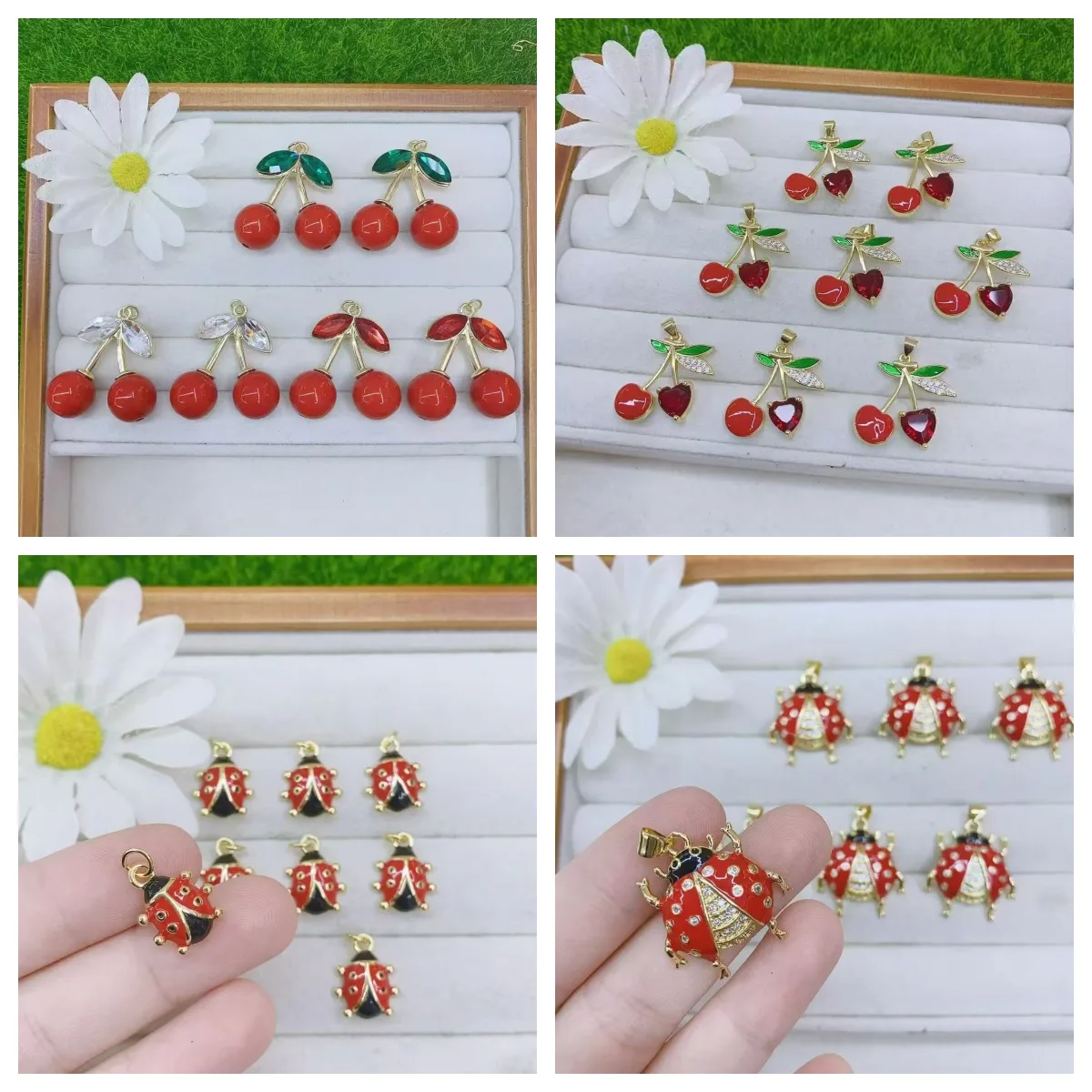 Casual Elegant Cherry Beetles Copper Polishing Enamel Plating Zircon 18K Gold Plated DIY Jewelry Accessories display picture 1