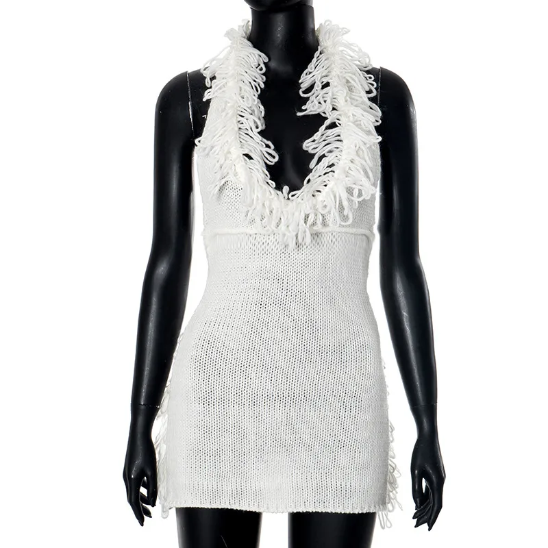 Women's Hip Skirt Fringe Dress Elegant Classic Style Halter Neck Tassel Sleeveless Solid Color Above Knee Casual Daily display picture 6