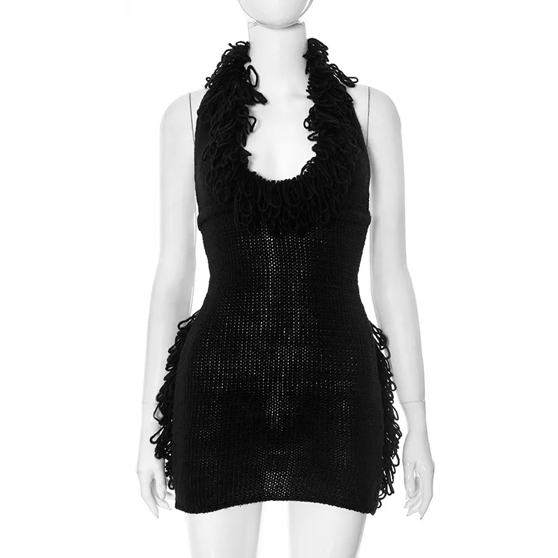 Women's Hip Skirt Fringe Dress Elegant Classic Style Halter Neck Tassel Sleeveless Solid Color Above Knee Casual Daily display picture 18