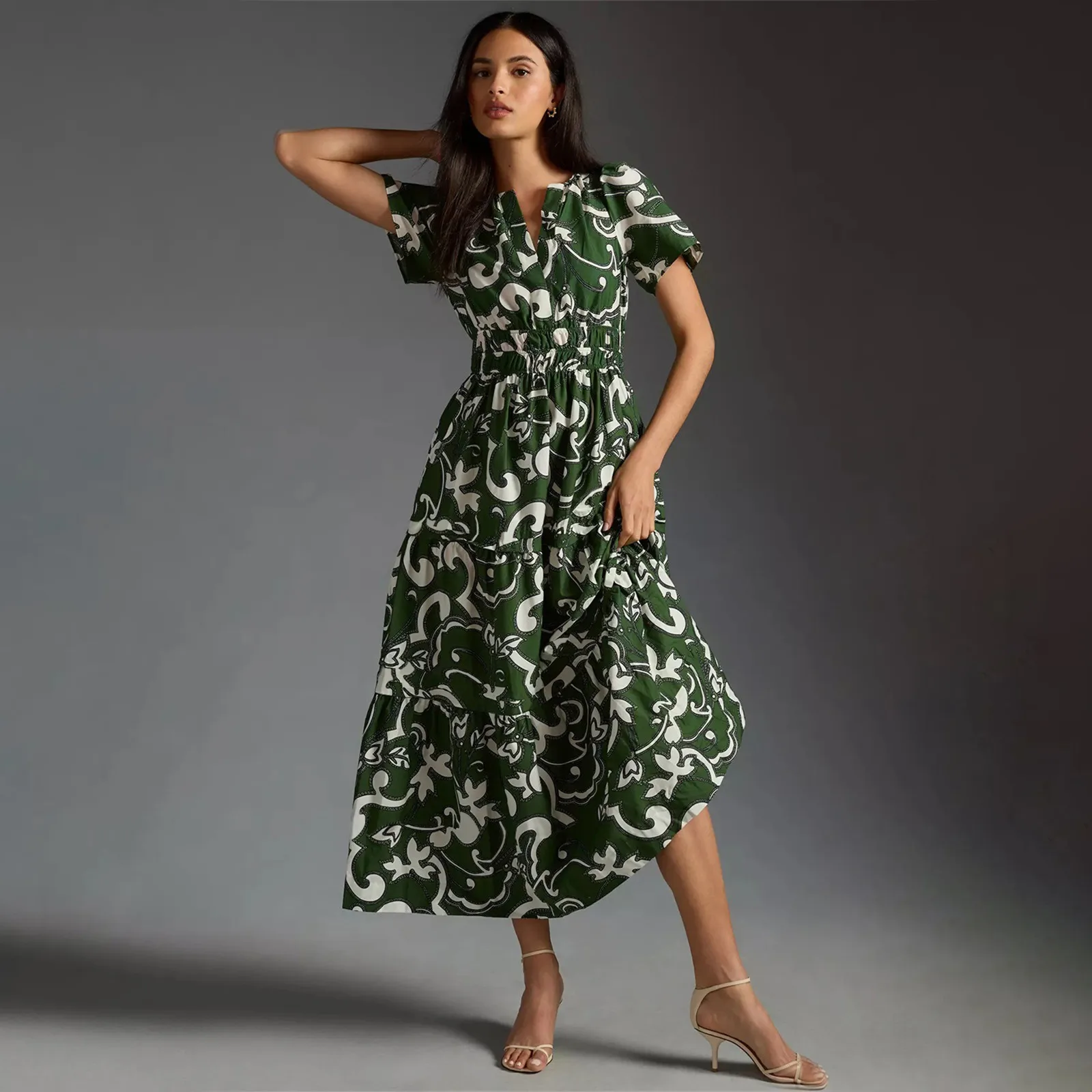 Spring And Summer New  Bohemian Style Elastic Waist V-neck Retro Digital Printing Dress display picture 32