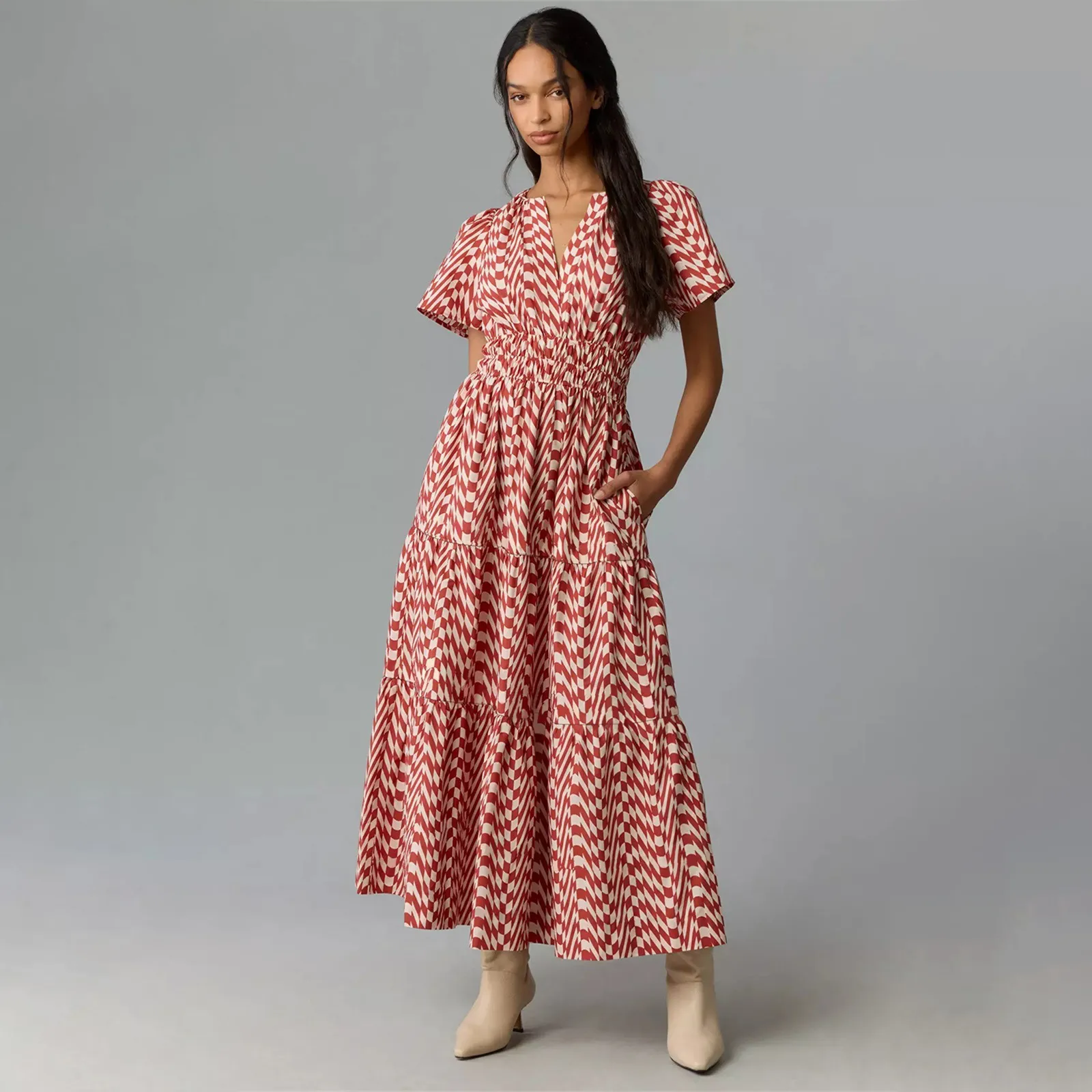 Spring And Summer New  Bohemian Style Elastic Waist V-neck Retro Digital Printing Dress display picture 27