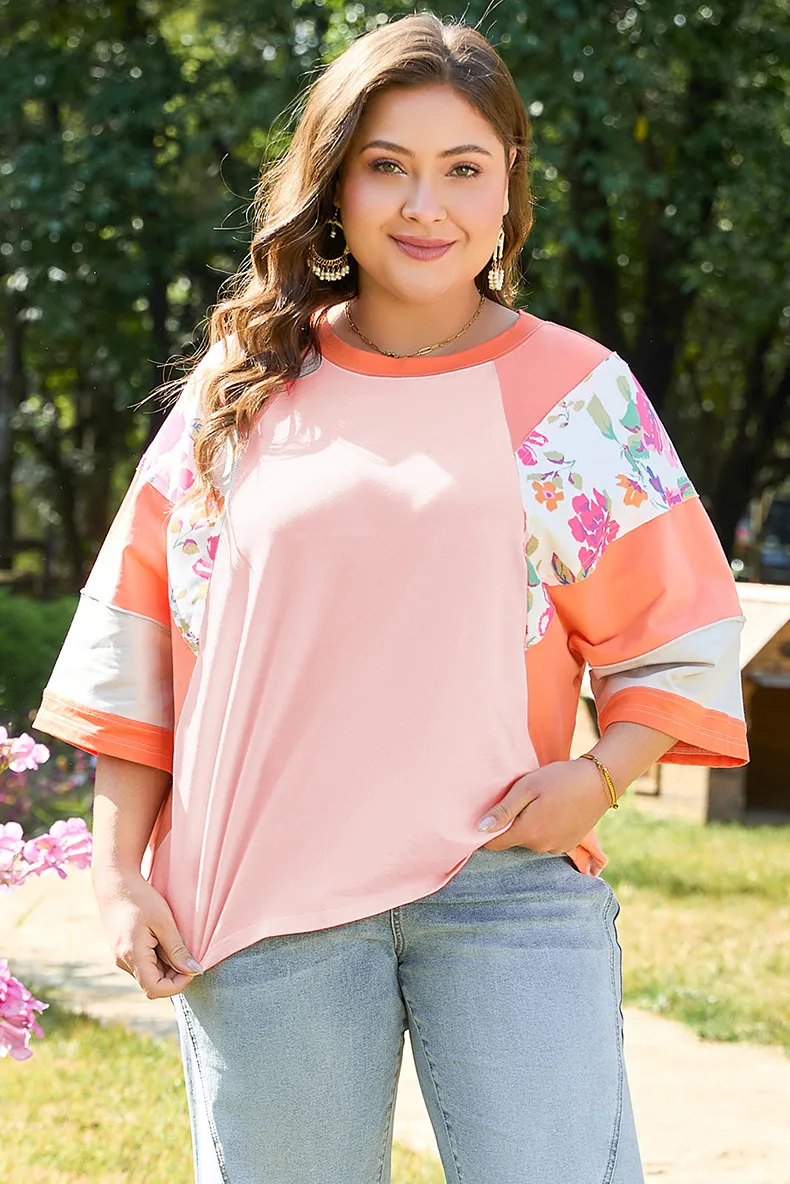 T-shirt 3/4 Length Sleeve Plus Size Tops Casual New And New Leisure Simple Style Color Block Flower display picture 1