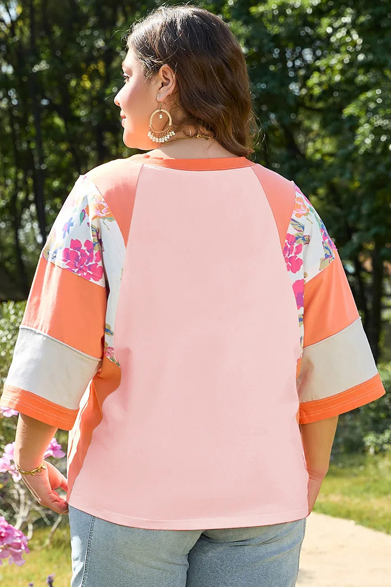 T-shirt 3/4 Length Sleeve Plus Size Tops Casual New And New Leisure Simple Style Color Block Flower display picture 5