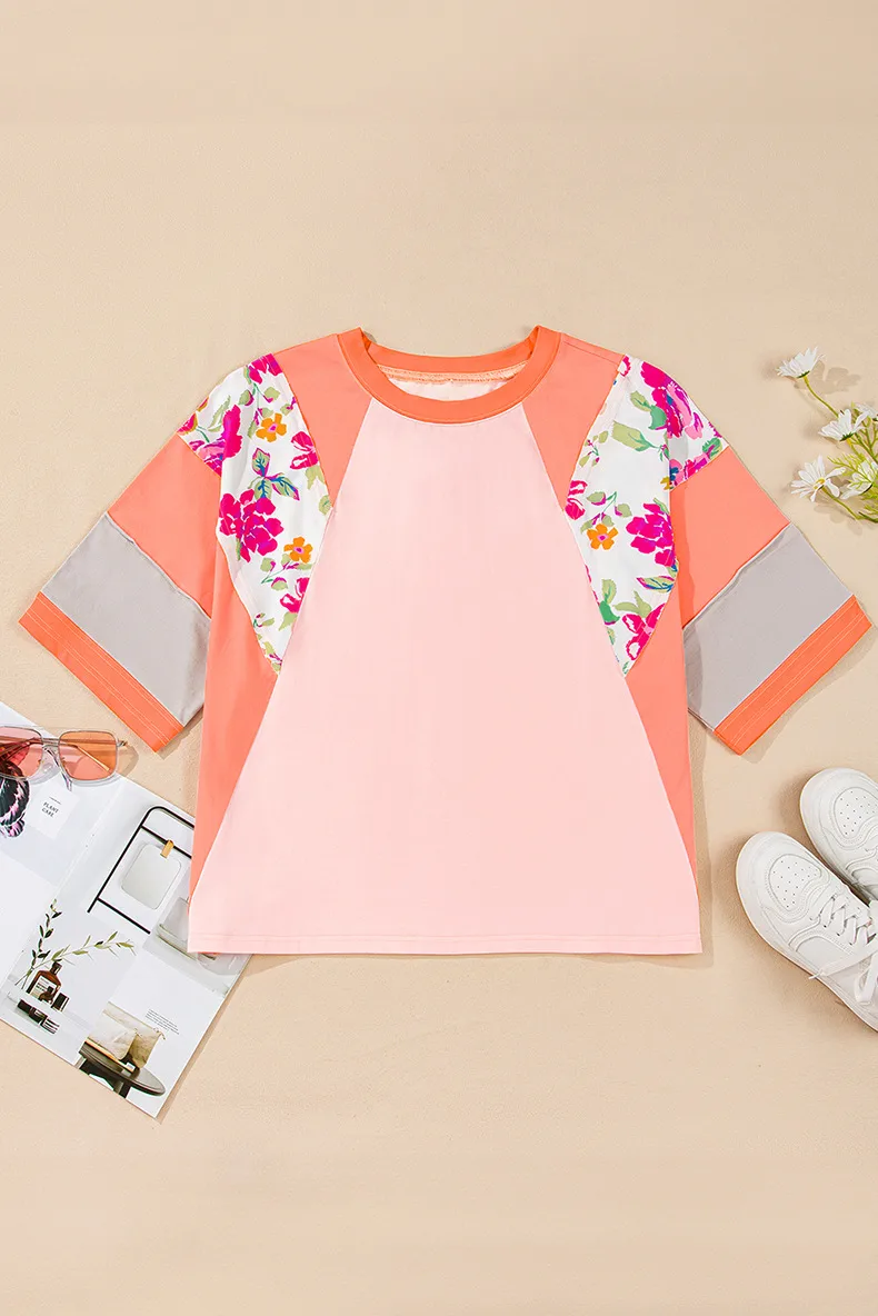 T-shirt 3/4 Length Sleeve Plus Size Tops Casual New And New Leisure Simple Style Color Block Flower display picture 6