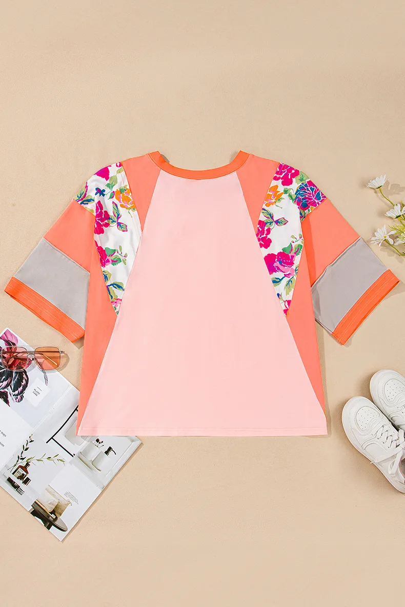 T-shirt 3/4 Length Sleeve Plus Size Tops Casual New And New Leisure Simple Style Color Block Flower display picture 7