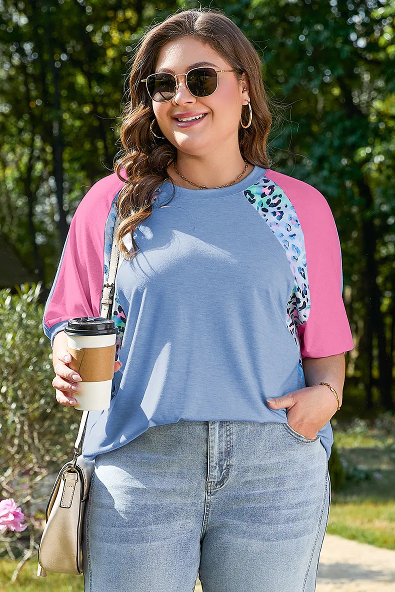 T-shirt Half Sleeve Plus Size Tops Casual Streetwear Color Block Leopard display picture 2