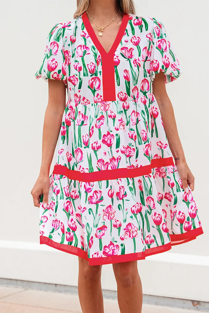 Women's Floral Dress Pastoral Simple Style V Neck Short Sleeve Color Block Flower Knee-Length Casual Holiday display picture 3