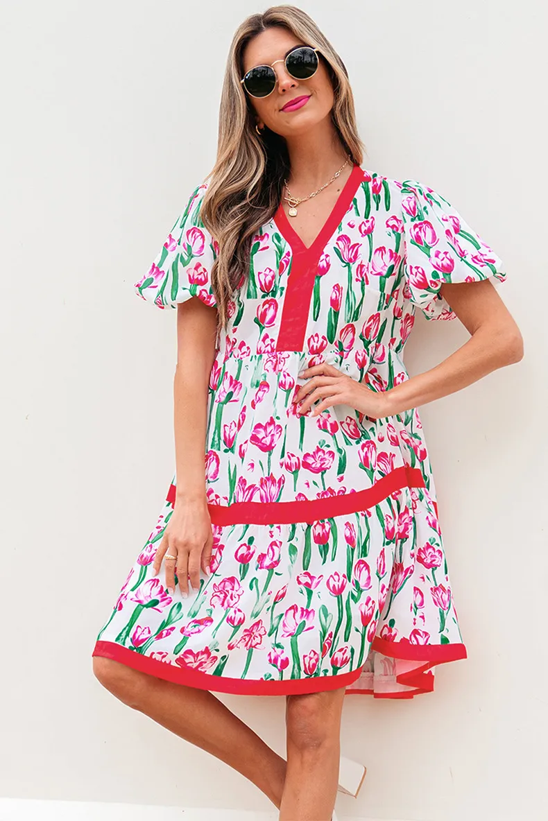 Women's Floral Dress Pastoral Simple Style V Neck Short Sleeve Color Block Flower Knee-Length Casual Holiday display picture 4