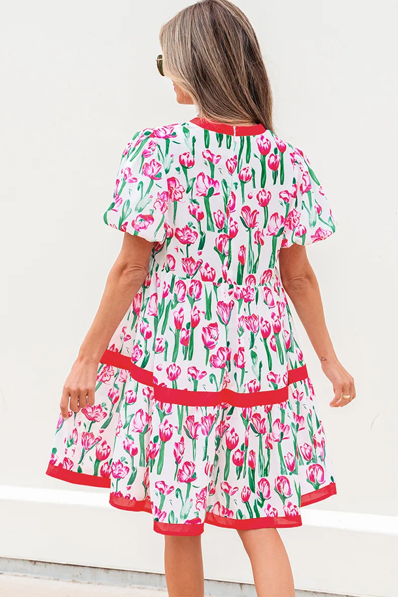 Women's Floral Dress Pastoral Simple Style V Neck Short Sleeve Color Block Flower Knee-Length Casual Holiday display picture 5