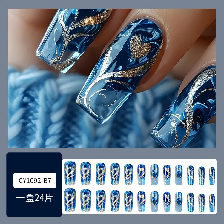 Hot Girl Glitter Love Nail Sticker Gold Grain Water Pipe Nail Nail Patch Finished Product  Hot Selling 24 Pieces Wear Nail display picture 2