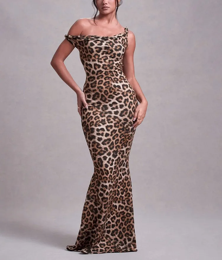 Women's Sheath Dress Elegant Boat Neck Sleeveless Flower Leopard Maxi Long Dress Holiday Banquet Daily display picture 2