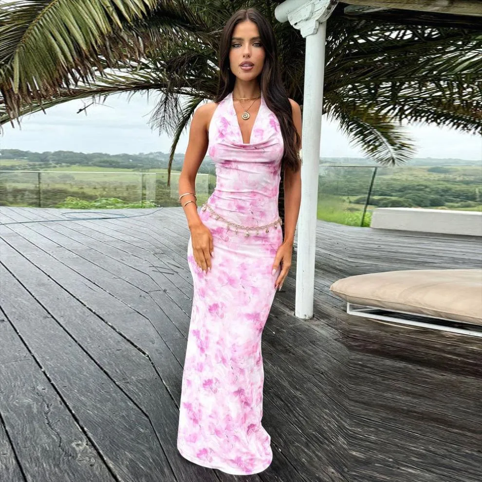 Women's Sheath Dress Elegant Halter Neck Backless Sleeveless Printing Maxi Long Dress Holiday Banquet Daily display picture 7