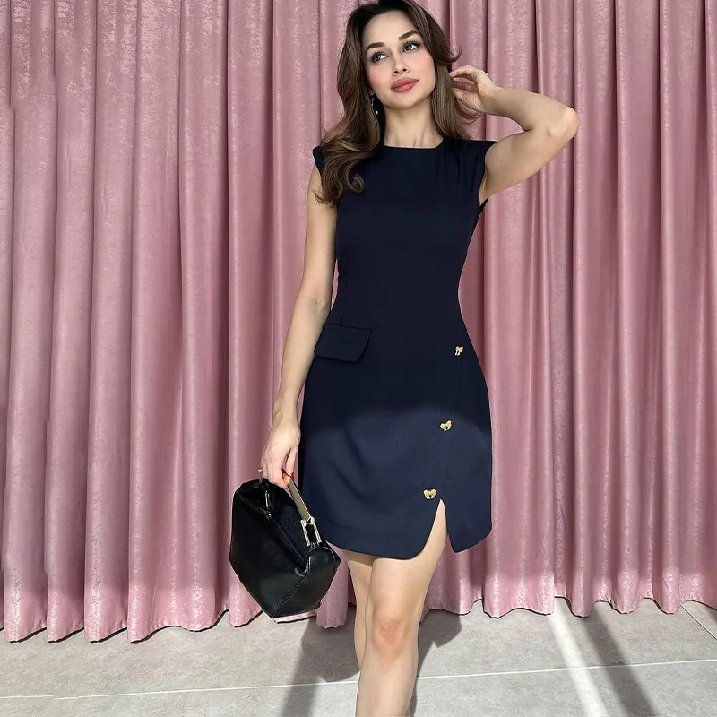 Women's Sheath Dress Elegant High Neck Button Sleeveless Solid Color Above Knee Holiday Daily display picture 2