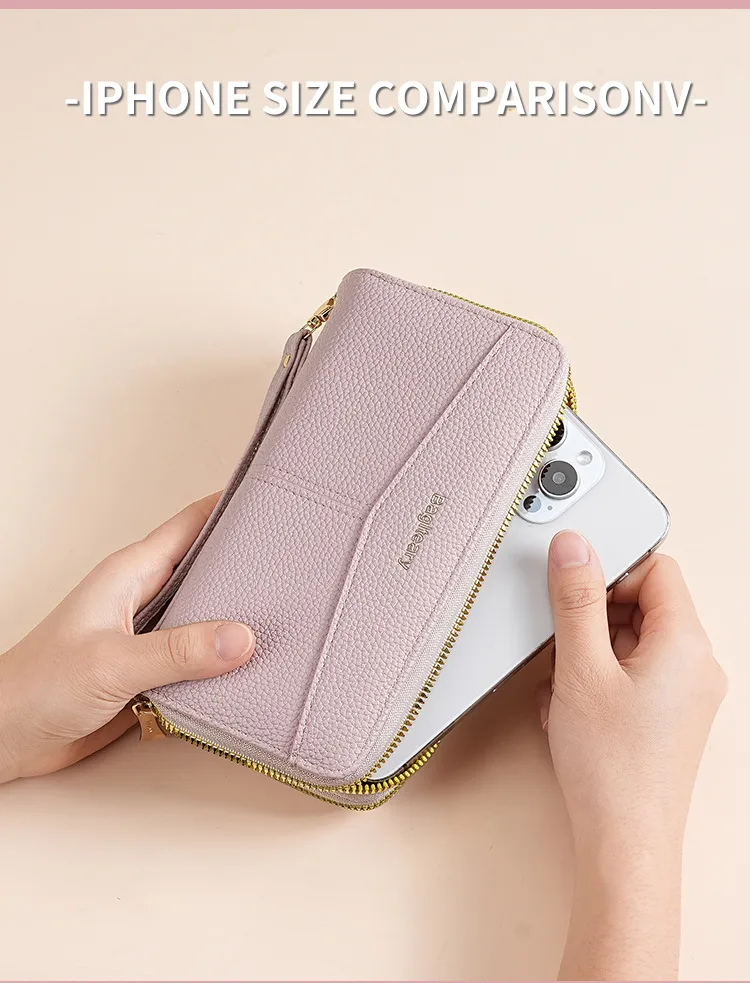 Double Zipper Large Capacity Women's Wallet Simple Long Multiple Card Slots Lychee Pattern Handbag Fashion Wallet display picture 4