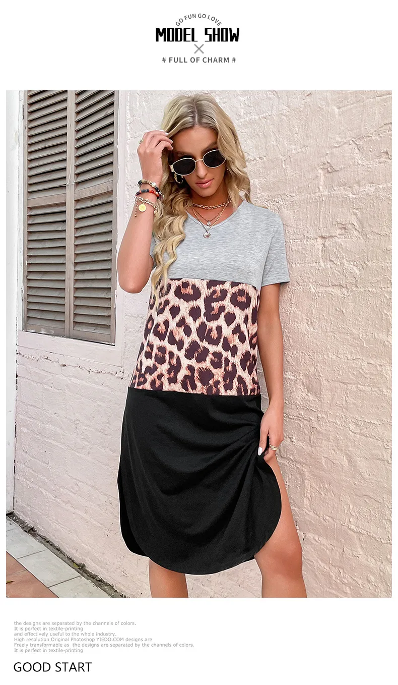 Women's A- Line Skirt Streetwear V Neck Short Sleeve Leopard Knee-Length Holiday Daily display picture 5