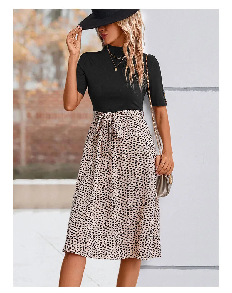 Women's T Shirt Dress Casual Elegant High Neck Short Sleeve Leaf Stripe Knee-Length Holiday Daily display picture 8