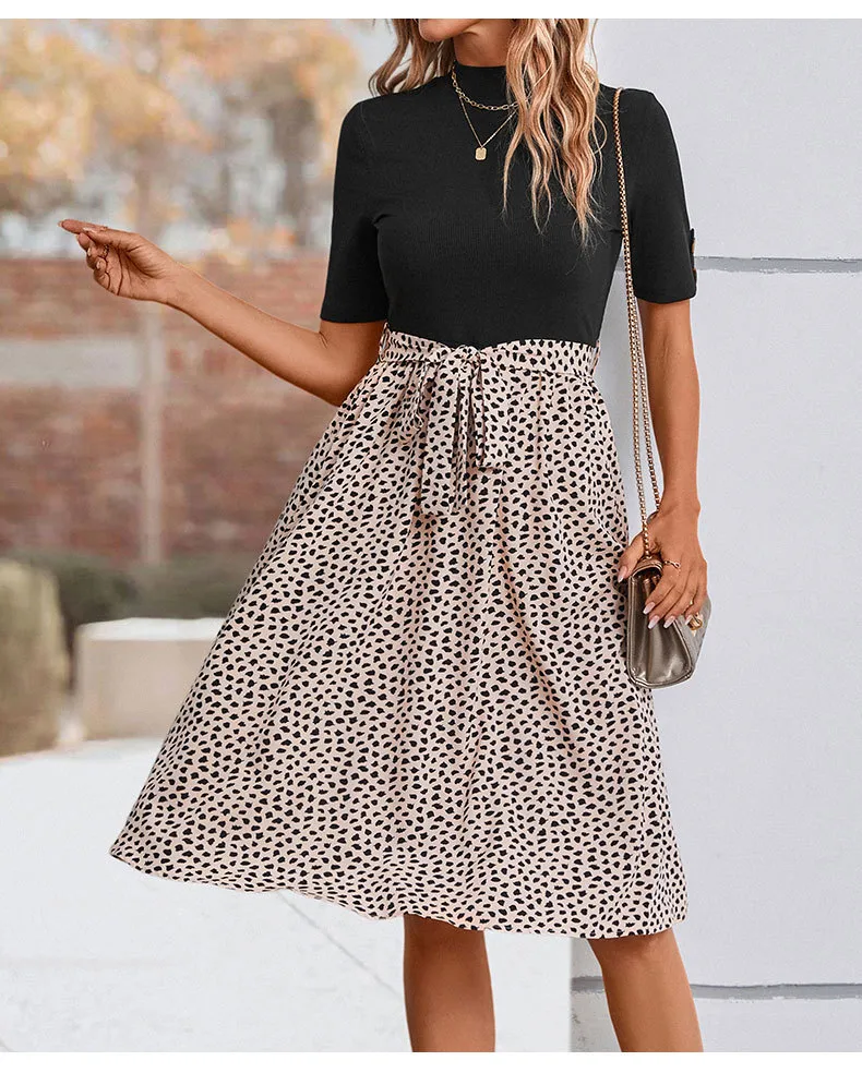 Women's T Shirt Dress Casual Elegant High Neck Short Sleeve Leaf Stripe Knee-Length Holiday Daily display picture 10