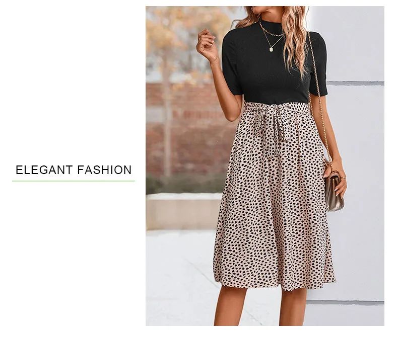 Women's T Shirt Dress Casual Elegant High Neck Short Sleeve Leaf Stripe Knee-Length Holiday Daily display picture 11