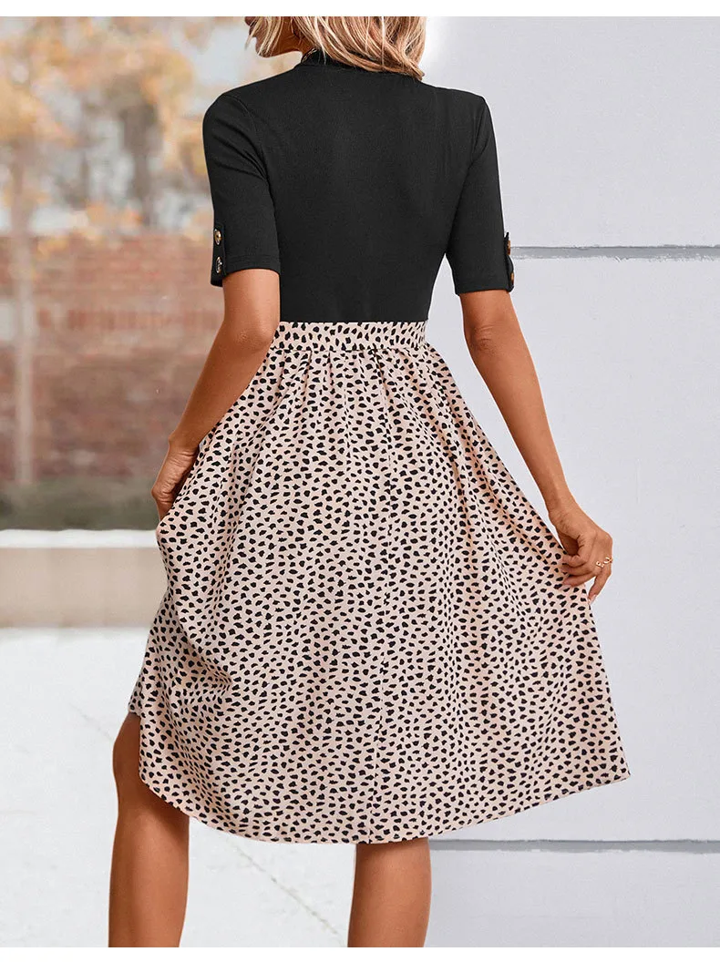 Women's T Shirt Dress Casual Elegant High Neck Short Sleeve Leaf Stripe Knee-Length Holiday Daily display picture 12