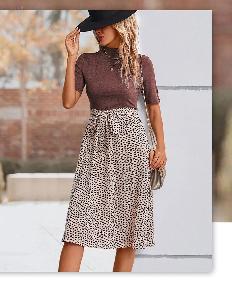 Women's T Shirt Dress Casual Elegant High Neck Short Sleeve Leaf Stripe Knee-Length Holiday Daily display picture 13