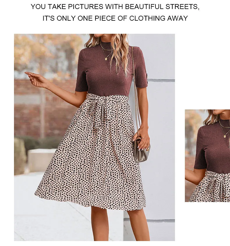 Women's T Shirt Dress Casual Elegant High Neck Short Sleeve Leaf Stripe Knee-Length Holiday Daily display picture 14