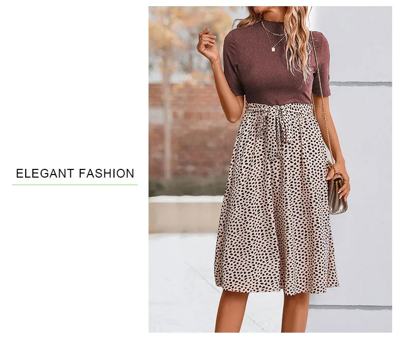 Women's T Shirt Dress Casual Elegant High Neck Short Sleeve Leaf Stripe Knee-Length Holiday Daily display picture 16