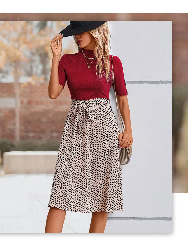 Women's T Shirt Dress Casual Elegant High Neck Short Sleeve Leaf Stripe Knee-Length Holiday Daily display picture 18