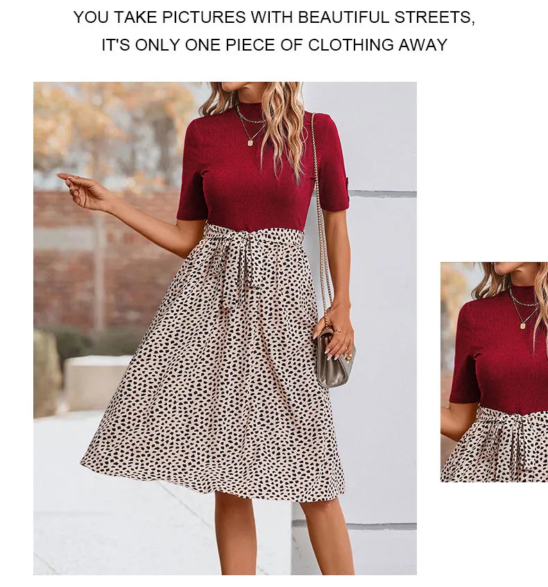 Women's T Shirt Dress Casual Elegant High Neck Short Sleeve Leaf Stripe Knee-Length Holiday Daily display picture 19