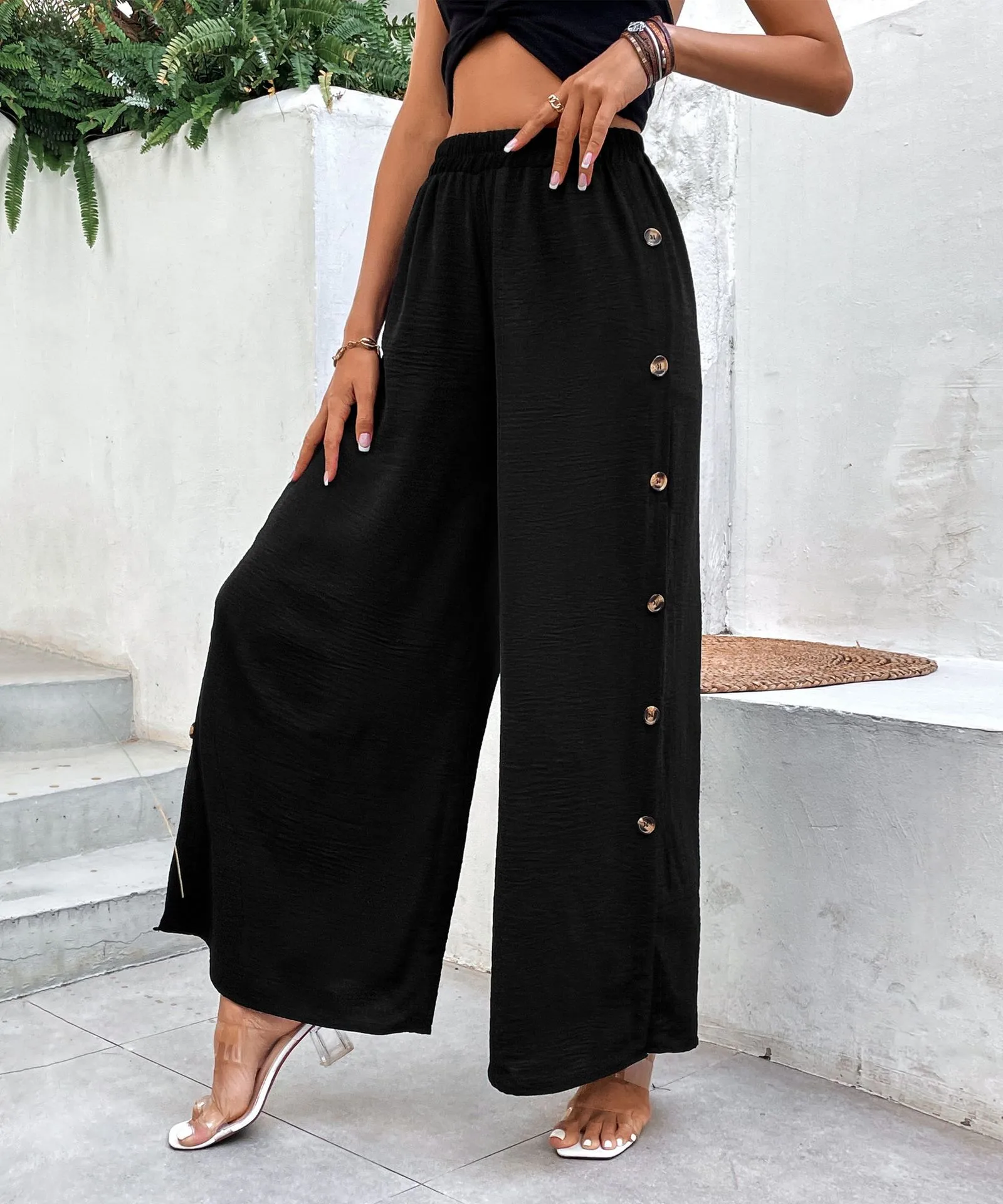 Women's Daily Casual Simple Style Solid Color Full Length Slit Button Wide Leg Pants display picture 3