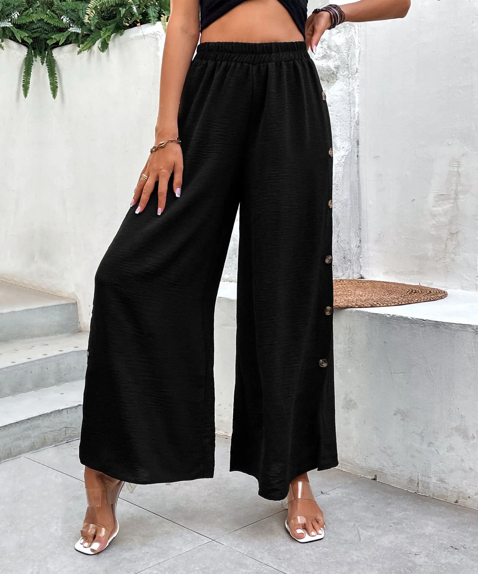 Women's Daily Casual Simple Style Solid Color Full Length Slit Button Wide Leg Pants display picture 4