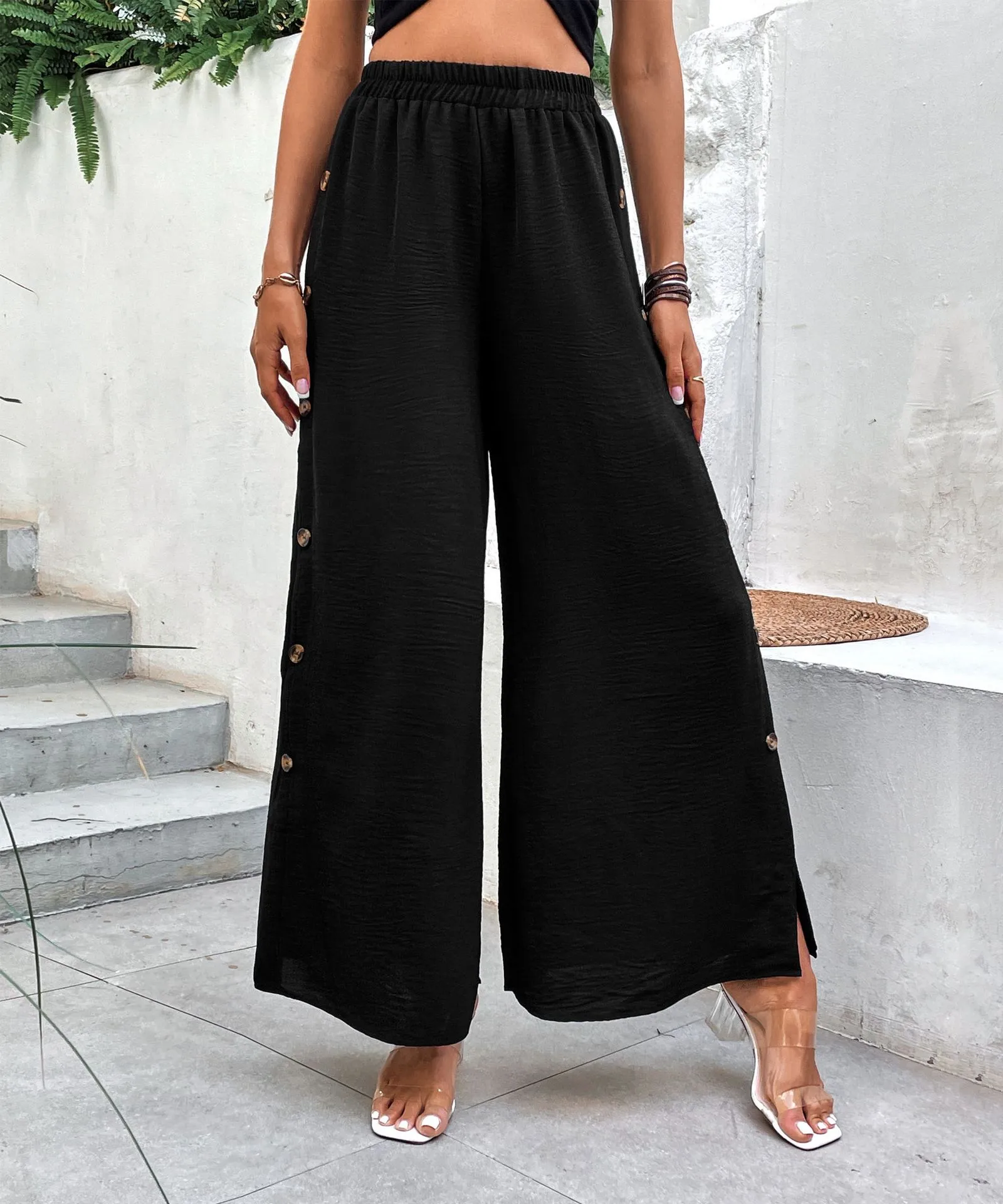 Women's Daily Casual Simple Style Solid Color Full Length Slit Button Wide Leg Pants display picture 5