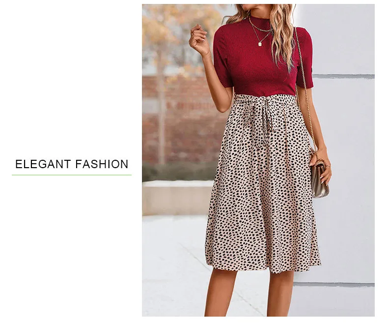 Women's T Shirt Dress Casual Elegant High Neck Short Sleeve Leaf Stripe Knee-Length Holiday Daily display picture 20