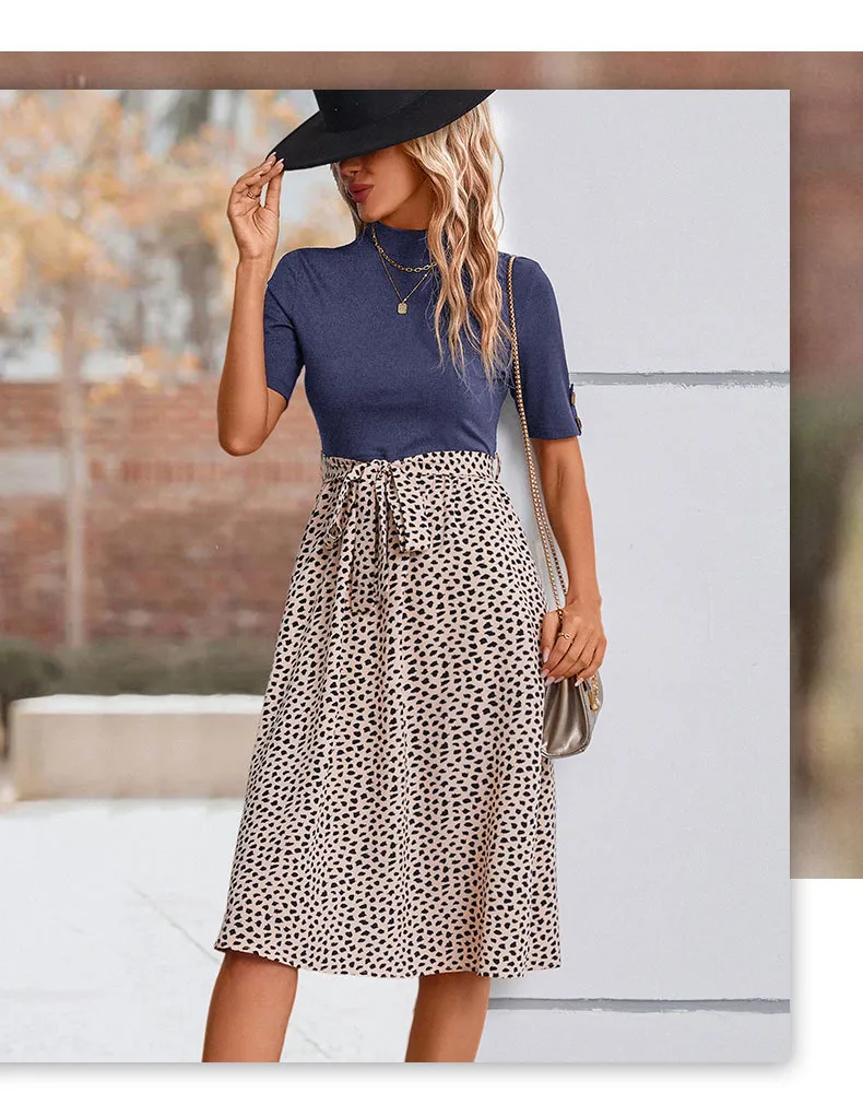 Women's T Shirt Dress Casual Elegant High Neck Short Sleeve Leaf Stripe Knee-Length Holiday Daily display picture 22