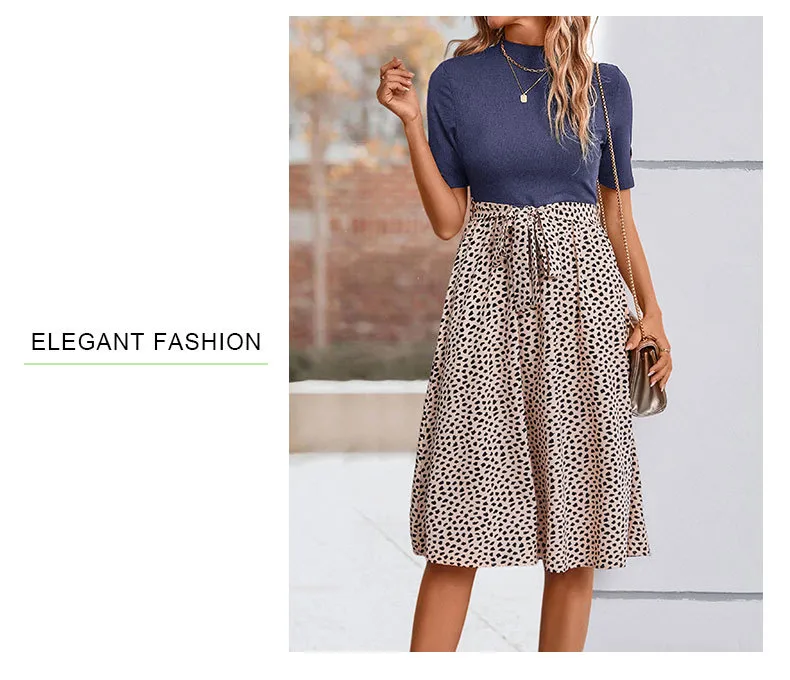 Women's T Shirt Dress Casual Elegant High Neck Short Sleeve Leaf Stripe Knee-Length Holiday Daily display picture 24