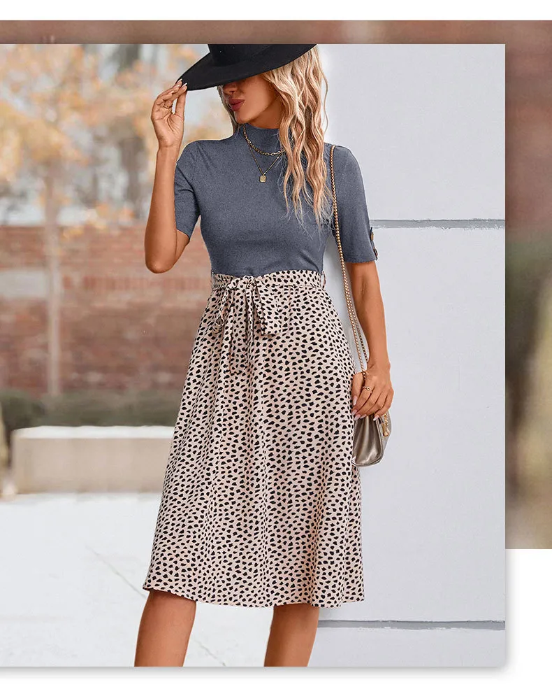 Women's T Shirt Dress Casual Elegant High Neck Short Sleeve Leaf Stripe Knee-Length Holiday Daily display picture 26
