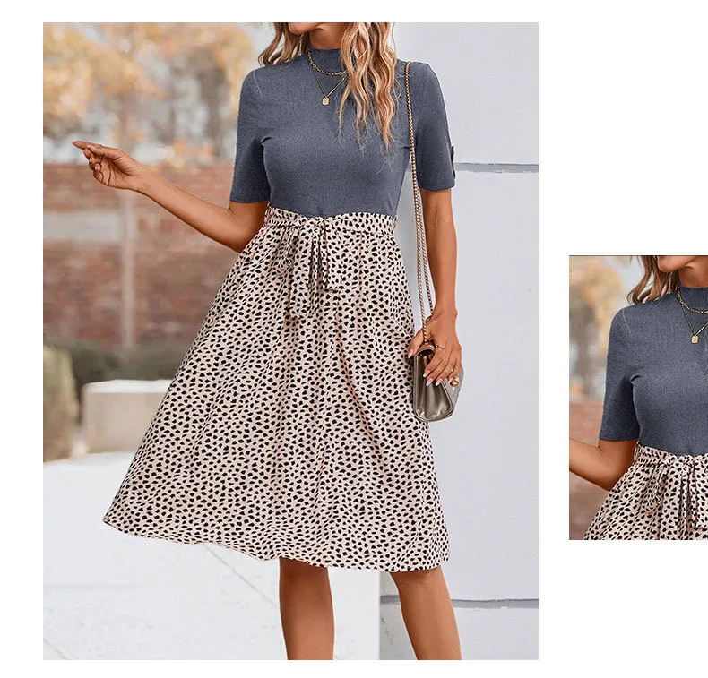 Women's T Shirt Dress Casual Elegant High Neck Short Sleeve Leaf Stripe Knee-Length Holiday Daily display picture 27