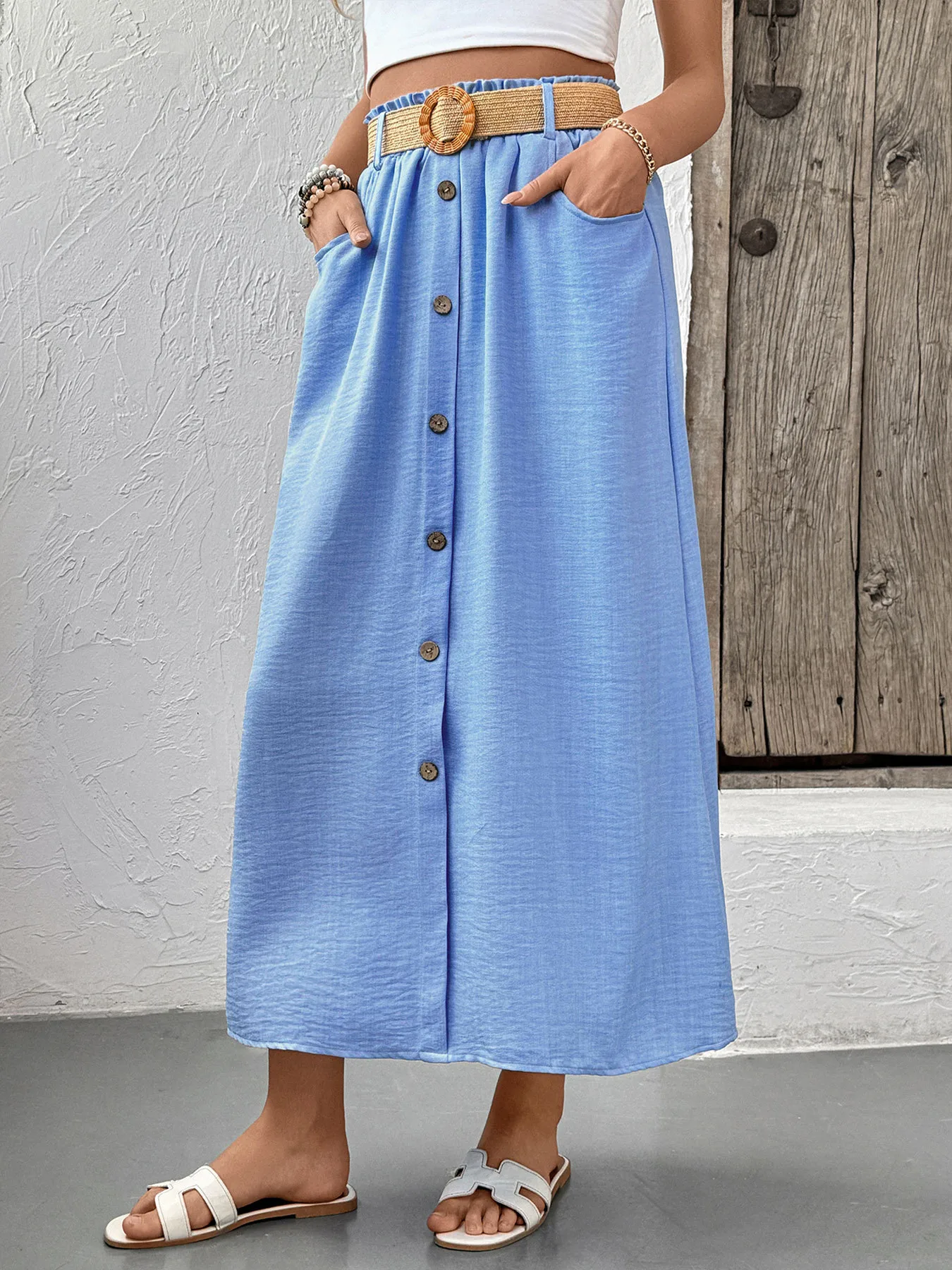 Women's Skirt Casual Button Solid Color Midi Dress Daily display picture 3