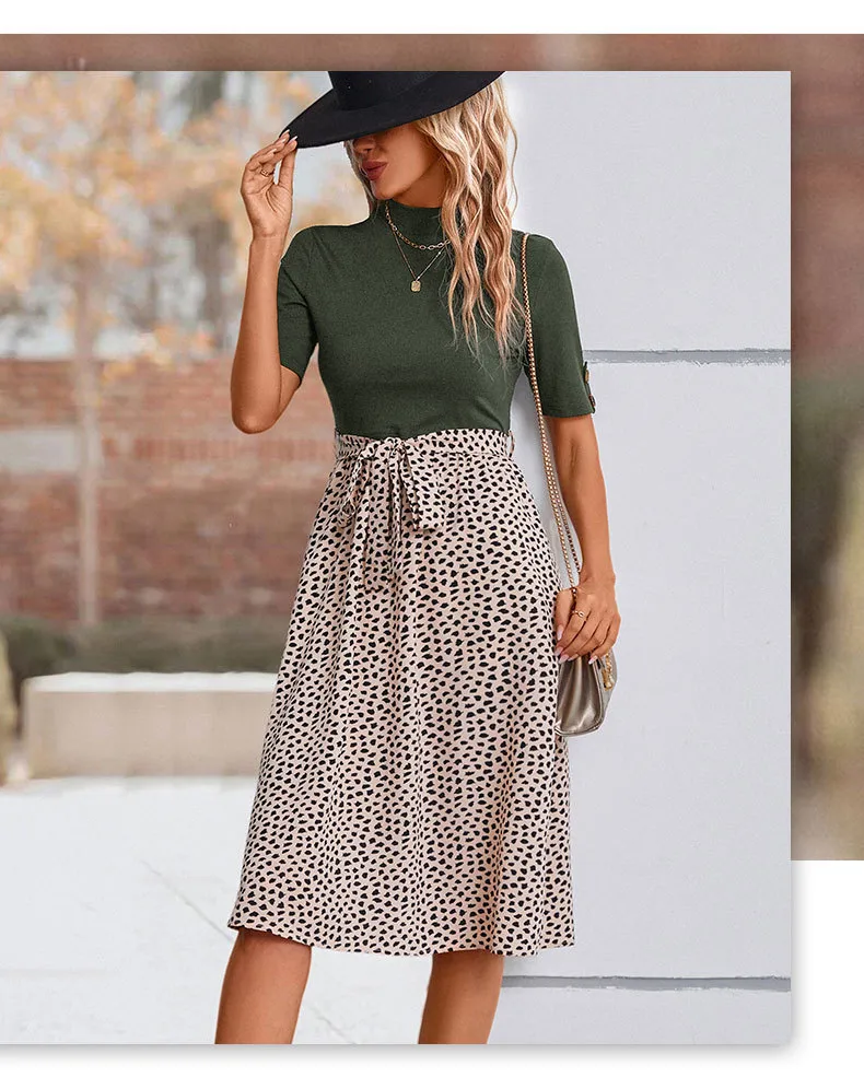 Women's T Shirt Dress Casual Elegant High Neck Short Sleeve Leaf Stripe Knee-Length Holiday Daily display picture 29