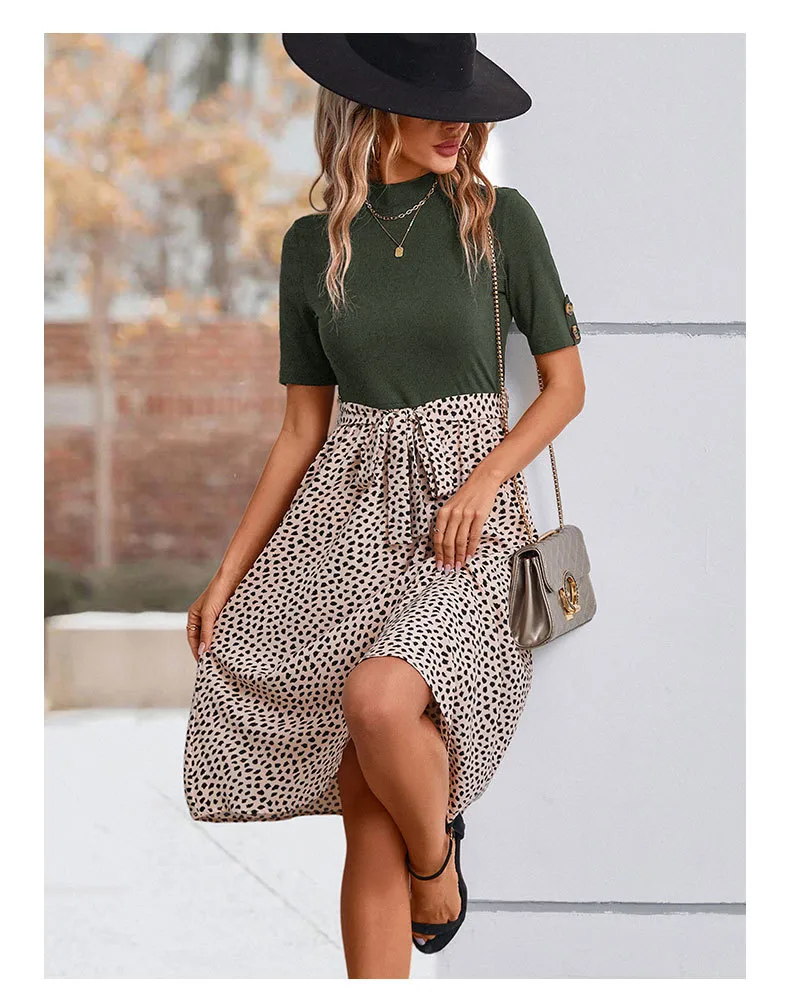 Women's T Shirt Dress Casual Elegant High Neck Short Sleeve Leaf Stripe Knee-Length Holiday Daily display picture 30