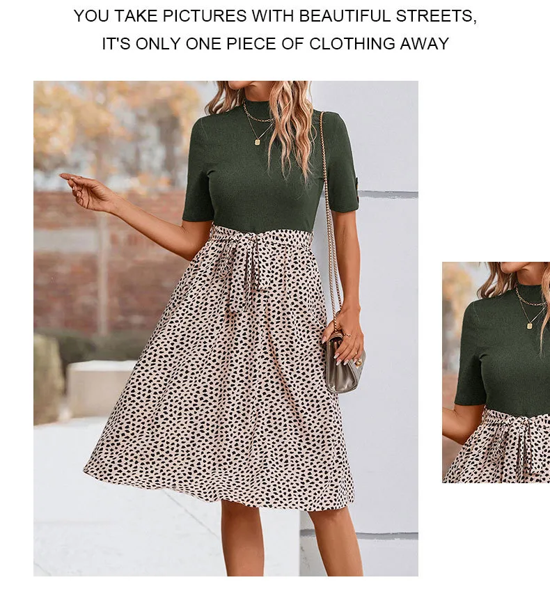 Women's T Shirt Dress Casual Elegant High Neck Short Sleeve Leaf Stripe Knee-Length Holiday Daily display picture 31
