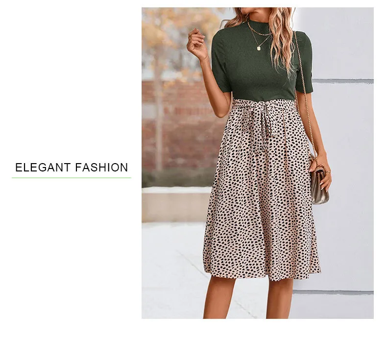 Women's T Shirt Dress Casual Elegant High Neck Short Sleeve Leaf Stripe Knee-Length Holiday Daily display picture 33