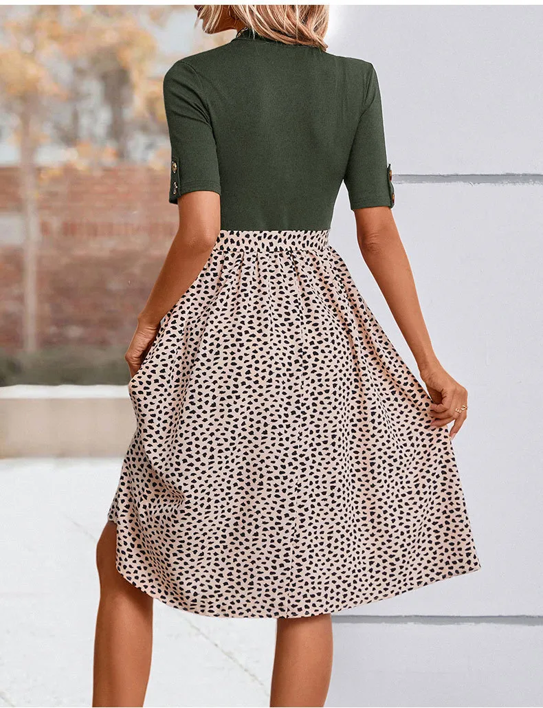 Women's T Shirt Dress Casual Elegant High Neck Short Sleeve Leaf Stripe Knee-Length Holiday Daily display picture 34