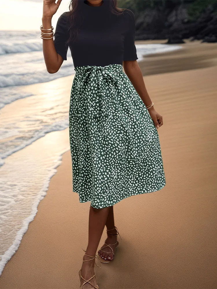 Women's T Shirt Dress Casual Elegant High Neck Short Sleeve Leaf Stripe Knee-Length Holiday Daily display picture 39