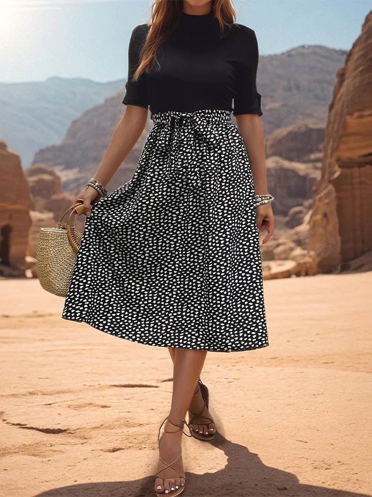 Women's T Shirt Dress Casual Elegant High Neck Short Sleeve Leaf Stripe Knee-Length Holiday Daily display picture 43